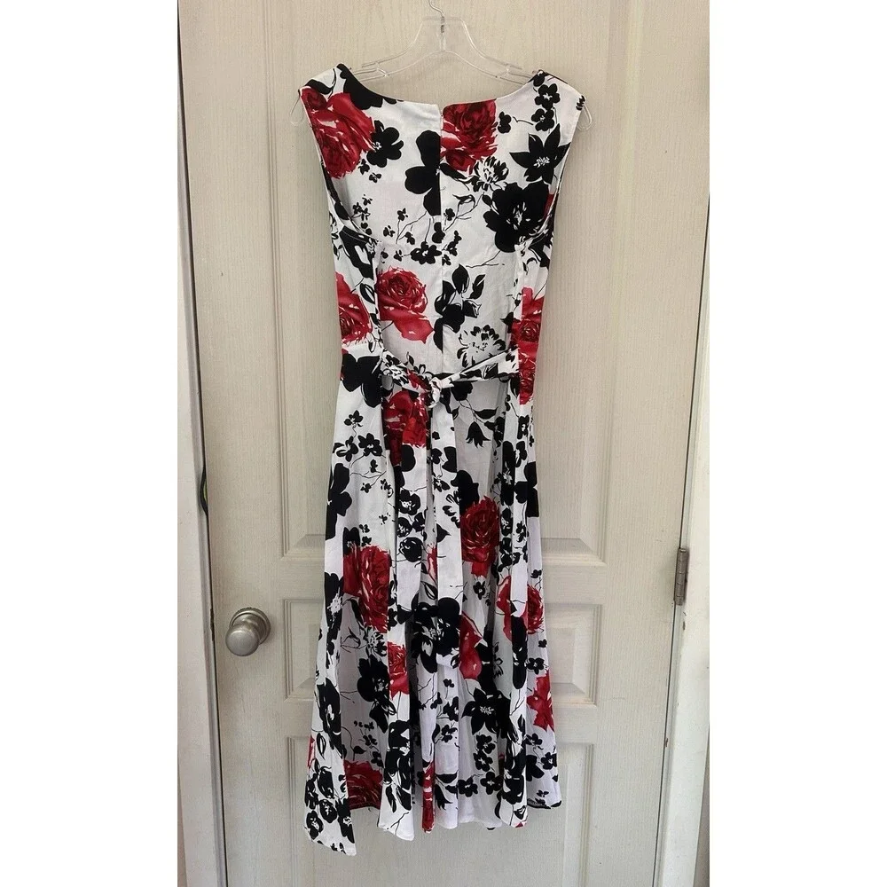 New Light Retro Floral A-Line Midi Dress White Red Black Rose Print Fit Flare XL